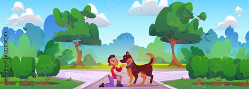 Little kid boy playing with dog in public city park. Cartoon vector illustration of happy smiling child with pet. Friendship between puppy in collar and baby owner. Summer sunny or spring day.