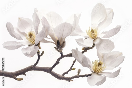 Realistic photograph of a complete Magnolias solid stark white background  focused lighting