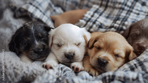Cute little puppies on grey plaid indoors