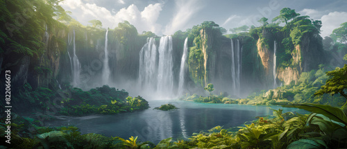 Majestic waterfall landscape with multiple cascading falls, lush green islands, misty atmosphere, and dramatic clouds, creating a serene and breathtaking natural paradise Wallpaper Digital Art Poster  © Korea Saii