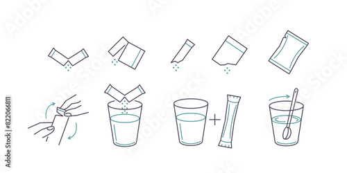 Sachet powder concept set. Instruction how to dissolve effervescent medication in water. Vector illustration.