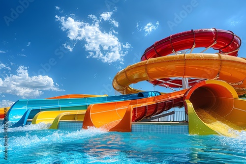Fun, colorful illustrations of people enjoying water slides, splashing in the wave pool, or relaxing by the pool, vacation photo