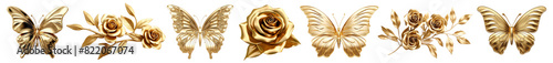 3D gold butterflies and rose png on transparent background photo