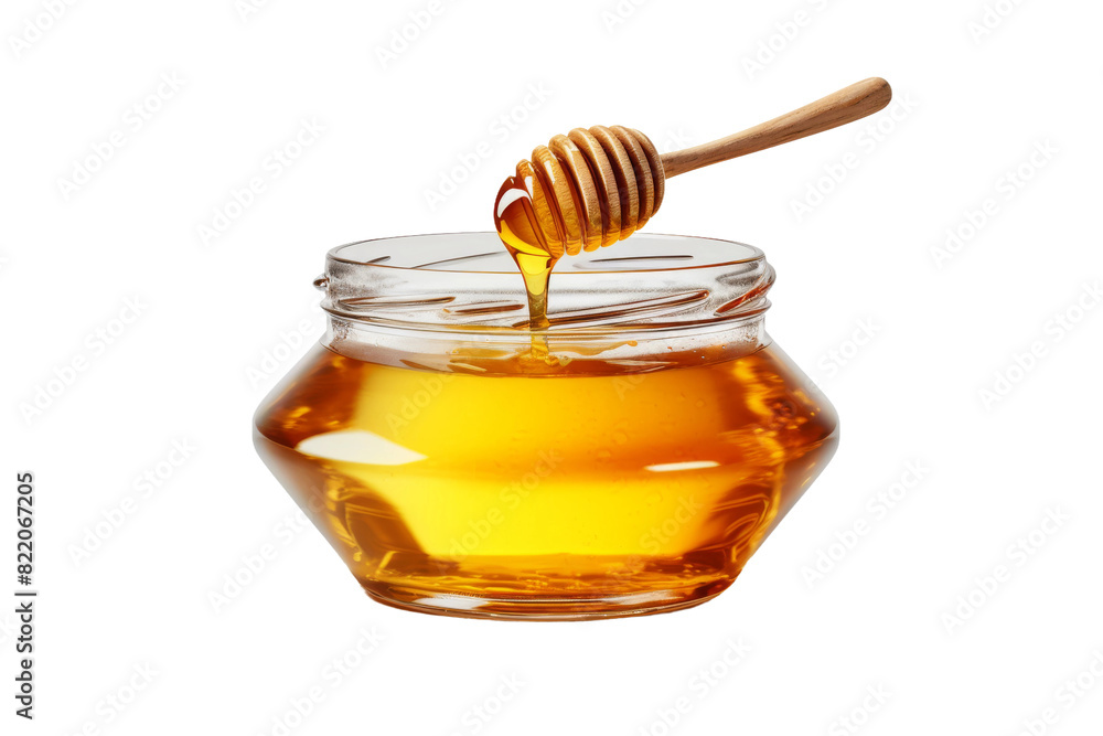 The Golden Elixir: A Jar of Honey and a Wooden Spoon on a Clear PNG or White Background. The Golden Elixir: A Jar of Honey and a Wooden Spoon on a Clear PNG or White Background.