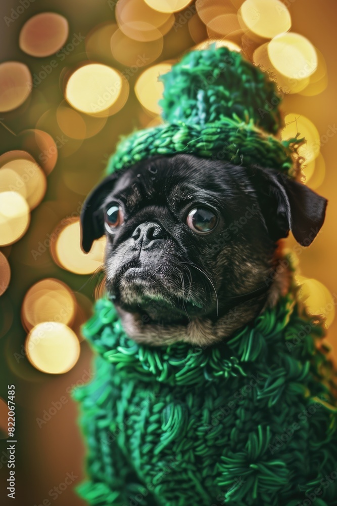 Adorable small black dog wearing a green hat, perfect for pet-related designs