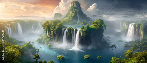 Majestic waterfall landscape with multiple cascading falls, lush green islands, misty atmosphere, and dramatic clouds, creating a serene and breathtaking natural paradise Wallpaper Digital Art Poster 