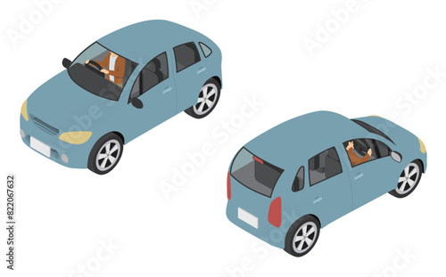 アイソメトリックイラスト：コンパクトカーを運転する男性