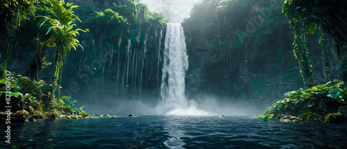 Majestic waterfall landscape with multiple cascading falls  lush green islands  misty atmosphere  and dramatic clouds  creating a serene and breathtaking natural paradise Wallpaper Digital Art Poster 