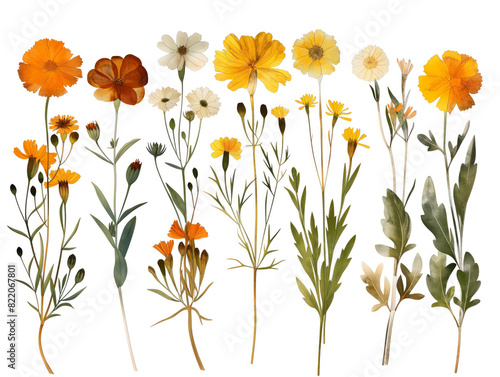 collection of various pressed flowers and botanical illustrations on a white background