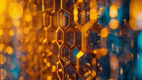 The integration of nature and technology as seen in a honeycomb shaped blockchain structure.