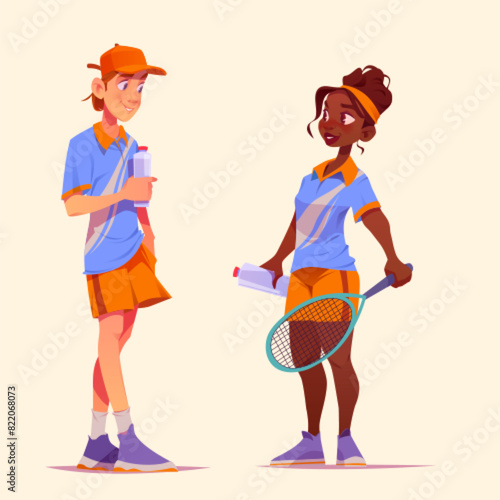 Happy tennis players set isolated on background. Vector cartoon illustration of young african woman with racket in hand, active man with water bottle, athletes smiling, people living healthy lifestyle