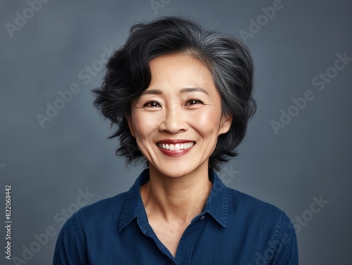 Indigo Background Happy Asian Woman Portrait of Beautiful Older Mid Aged Mature Smiling Woman good mood Isolated 