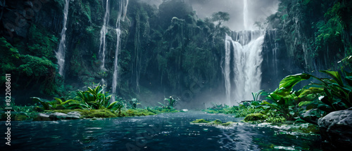 Majestic waterfall landscape with multiple cascading falls  lush green islands  misty atmosphere  and dramatic clouds  creating a serene and breathtaking natural paradise Wallpaper Digital Art Poster 