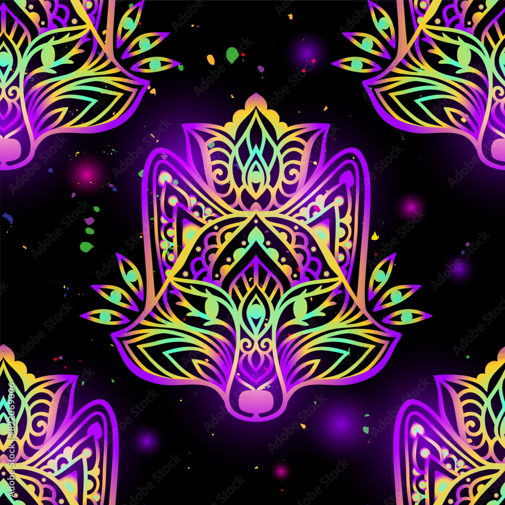 Fototapeta premium Fox mandala head psychedelic pattern. Vector illustration. Colorful Ethnic drawing. Fox animal in Zen boho style. For party hippie, hallucination psilocybin 60s, 70s
