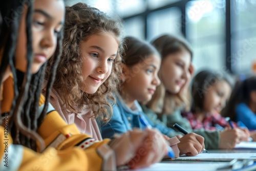 A group of diverse young students focused on writing in a classroom, emphasizing education and learning in a vibrant school environment.

