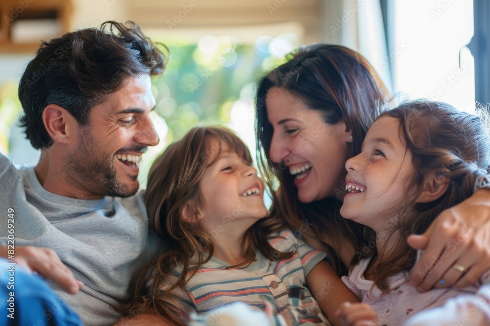 Warm, joyful family moment with a couple and two young daughters laughing together in a cozy, sunlit living room.
Warm, joyful family moment with a couple and two young daughters laughing together in a cozy, sunlit living room.