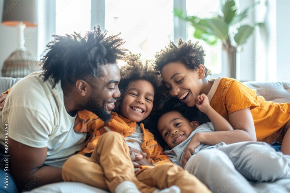 Joyful African-American family sharing a playful moment together on a couch, portraying warmth and happiness.
Joyful African-American family sharing a playful moment together on a couch, portraying warmth and happiness.