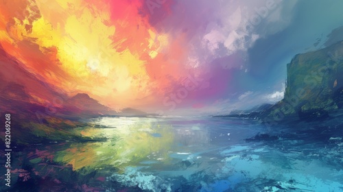 Vibrant impressionistic painting of a sunset over the sea, featuring explosive colors and dynamic brush strokes.