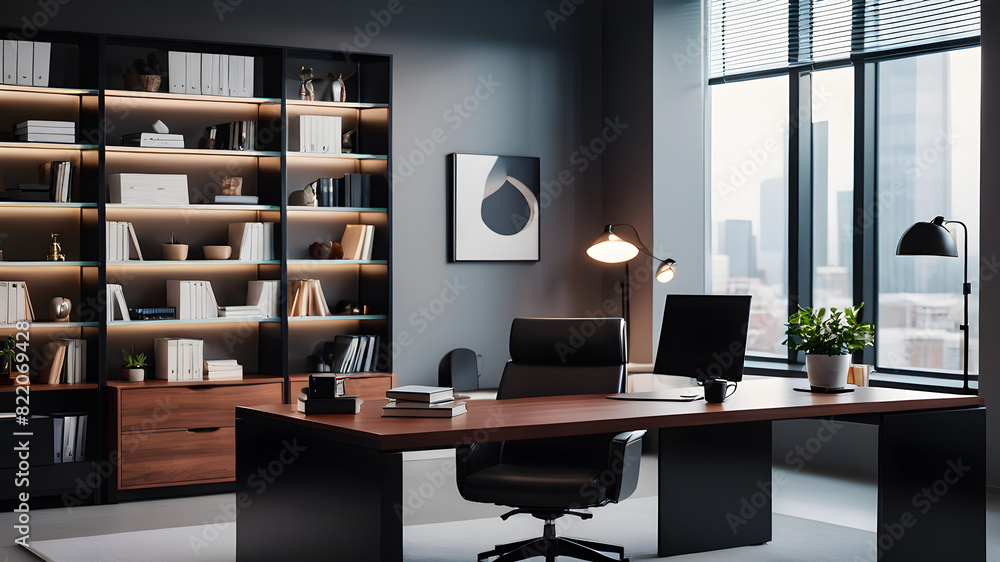 A sleek, modern office with minimalistic furniture, a clean desk, and a stylish bookshelf in the background