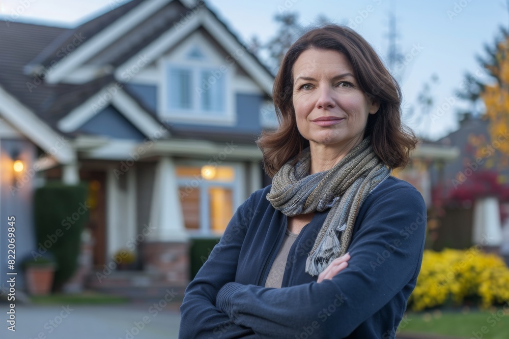 Confident mature woman stands arms crossed in front of her suburban home, showcasing pride and ownership.
Confident mature woman stands arms crossed in front of her suburban home, showcasing pride and ownership.