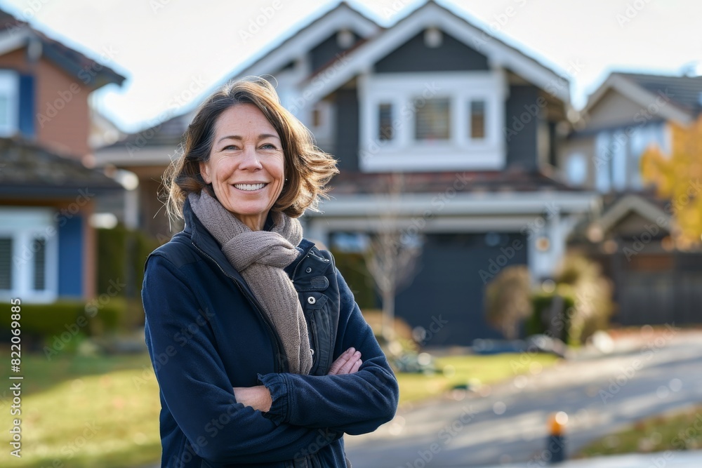 Mature woman smiling confidently in front of her suburban home, enjoying a pleasant autumn day in the neighborhood.
Mature woman smiling confidently in front of her suburban home, enjoying a pleasant autumn day in the neighborhood.