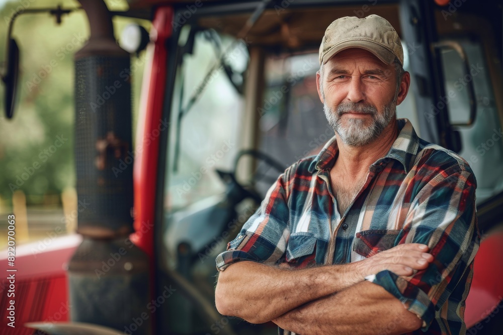 Confident farmer stands arms crossed in front of his tractor, showcasing rural life and agricultural dedication.
Confident farmer stands arms crossed in front of his tractor, showcasing rural life and agricultural dedication.