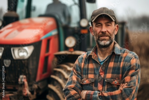 Rugged middle-aged farmer standing confidently with a modern red tractor, symbolizing strong agricultural work ethic.