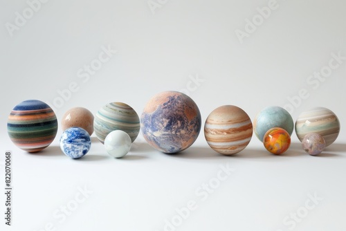 Realistic photograph of a complete Planets,solid stark white background, focused lighting