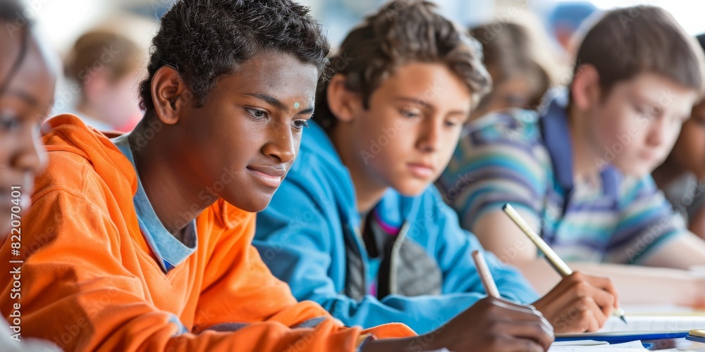 Obraz premium Focused young students engaged in classroom learning, showcasing diversity and concentration in an educational setting.