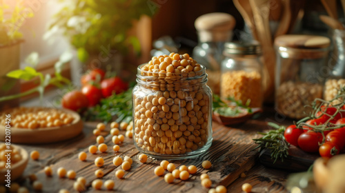 A jar filled with corn sits atop a wooden table.