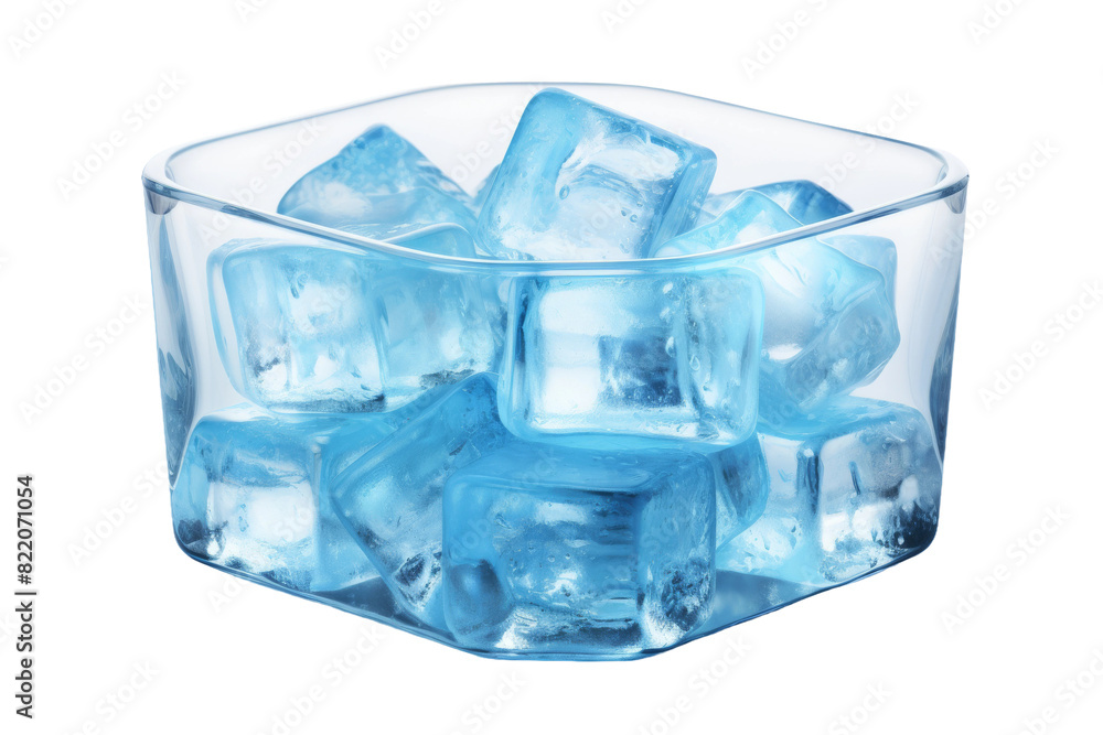 Fototapeta premium The Chilled Oasis: A Glass Bowl Overflowing With Ice Cubes on a Clear PNG or White Background.