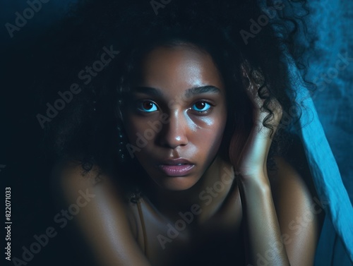 Indigo background sad black independant powerful Woman realistic person portrait of young beautiful bad mood expression girl Isolated on Background racism skin color depression anxiety fear burn out 
