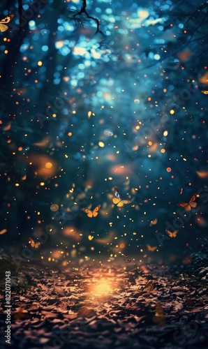 Abstract Twilight Forest With Glowing Fireflies,Photorealistic HD