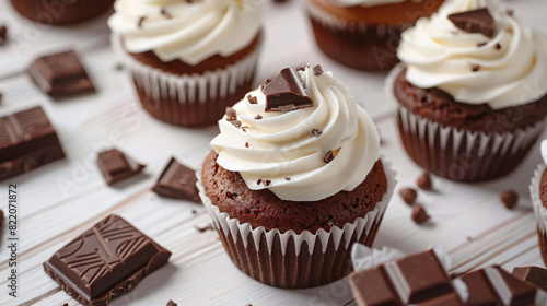Delicious cupcakes and chocolate pieces on white woode