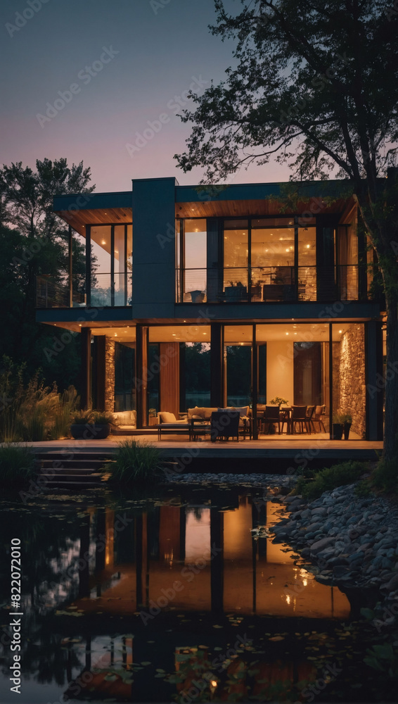Contemporary house by the river at dusk