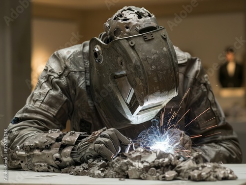 A heavily armored individual meticulously welds metal, evoking themes of craftsmanship, industrialization, and dedication © MaxK