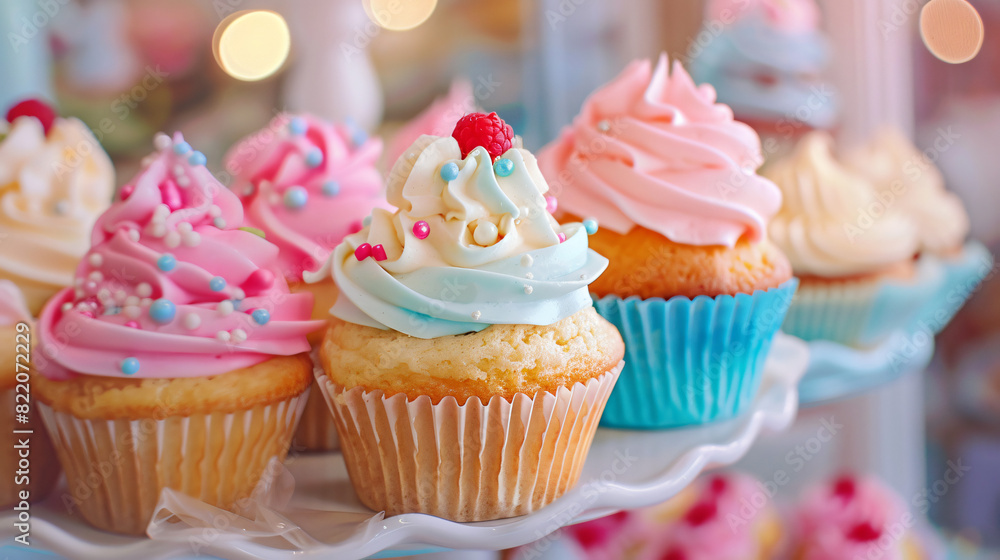 Delicious cupcakes with bright cream on dessert stand