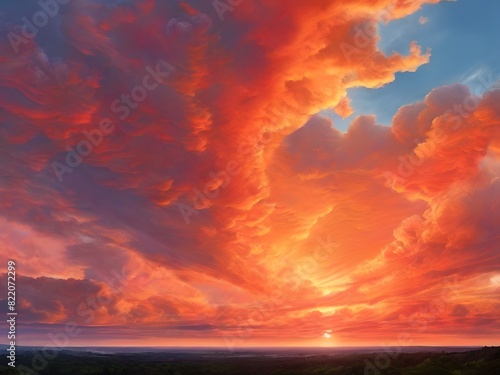 Dramatic red sunset paints the sky above fluffy clouds at dusk