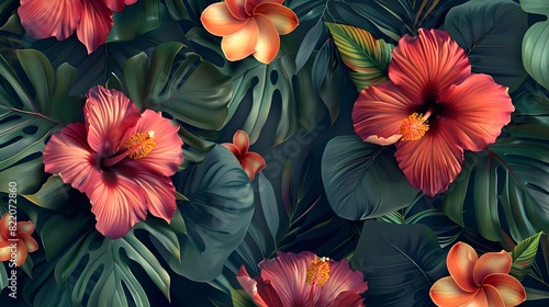 Seamless Patterns Floral Tropics: Lush, vibrant flowers and leaves intertwined in a dense, repeating tropical motif.
