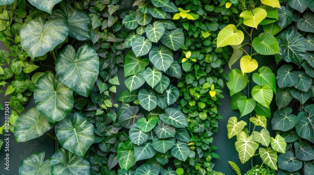 A wall covered in green plants and vines. The plants are of different sizes and shapes, creating a lush and vibrant atmosphere A wall covered in green plants and vines. The plants are of different sizes and shapes, creating a lush and vibrant atmosphere