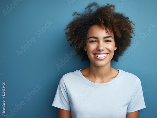 Indigo background Happy european white Woman realistic person portrait of young beautiful Smiling Woman Isolated on Background ethnic diversity equality acceptance concept with copyspace 