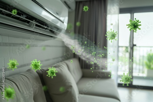 Green bacteria coming out of an air conditioner in a living room, highlighting the importance of cleanliness and maintenance.