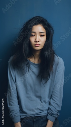 Indigo background sad Asian Woman Portrait of young beautiful bad mood expression Woman Isolated on Background depression anxiety fear burn out health issue problem mental 