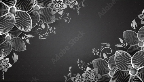 a black background wallpaper with elegant silver floral motifs