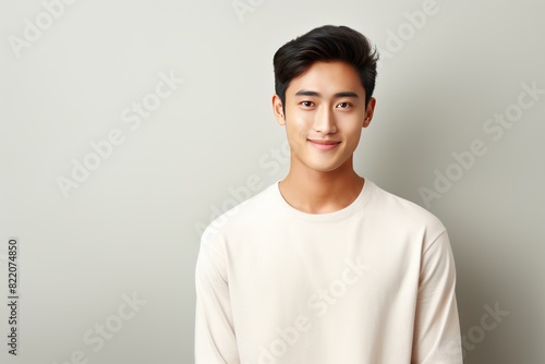 Ivory Background Happy asian man realistic person portrait of young teenage beautiful Smiling boy good mood Isolated on Background ethnic diversity equality acceptance concept with copyspace 