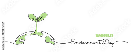 World Environment Day minimal banner template with one line art abstract tree sprout drawing growing on earth. Vector illustration.
