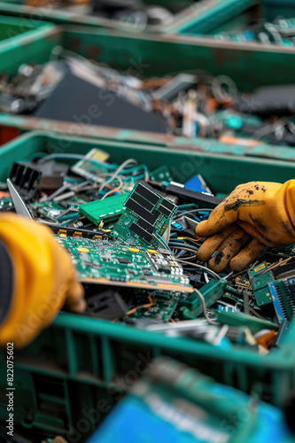 Worker disassembling old electronics, sorting components for e-waste recycling.