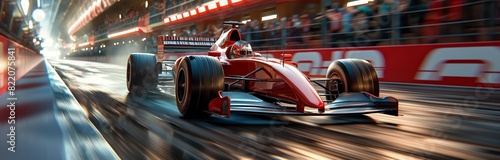 In midst of race, red modern race car zooms past pit lane, capturing essence of high-speed competition.