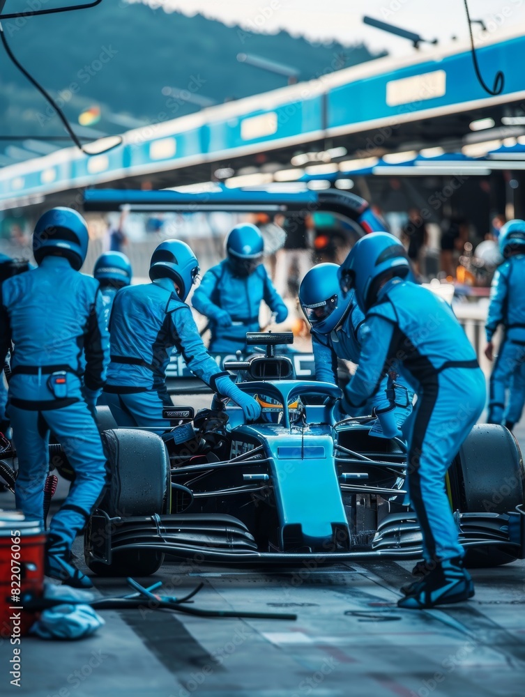 Obraz premium Race car pulls into pit lane on wet track, surrounded by focused pit crew in blue suits. Team's swift and precise maintaining race performance.