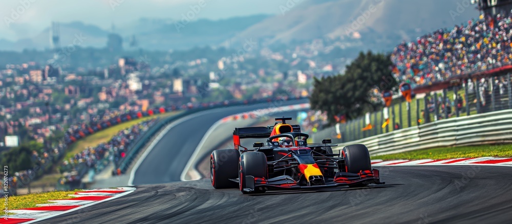 Obraz premium Dinami8c shot of driver races red formula one car on winding racetrack. Grandstands in background blur of motion.